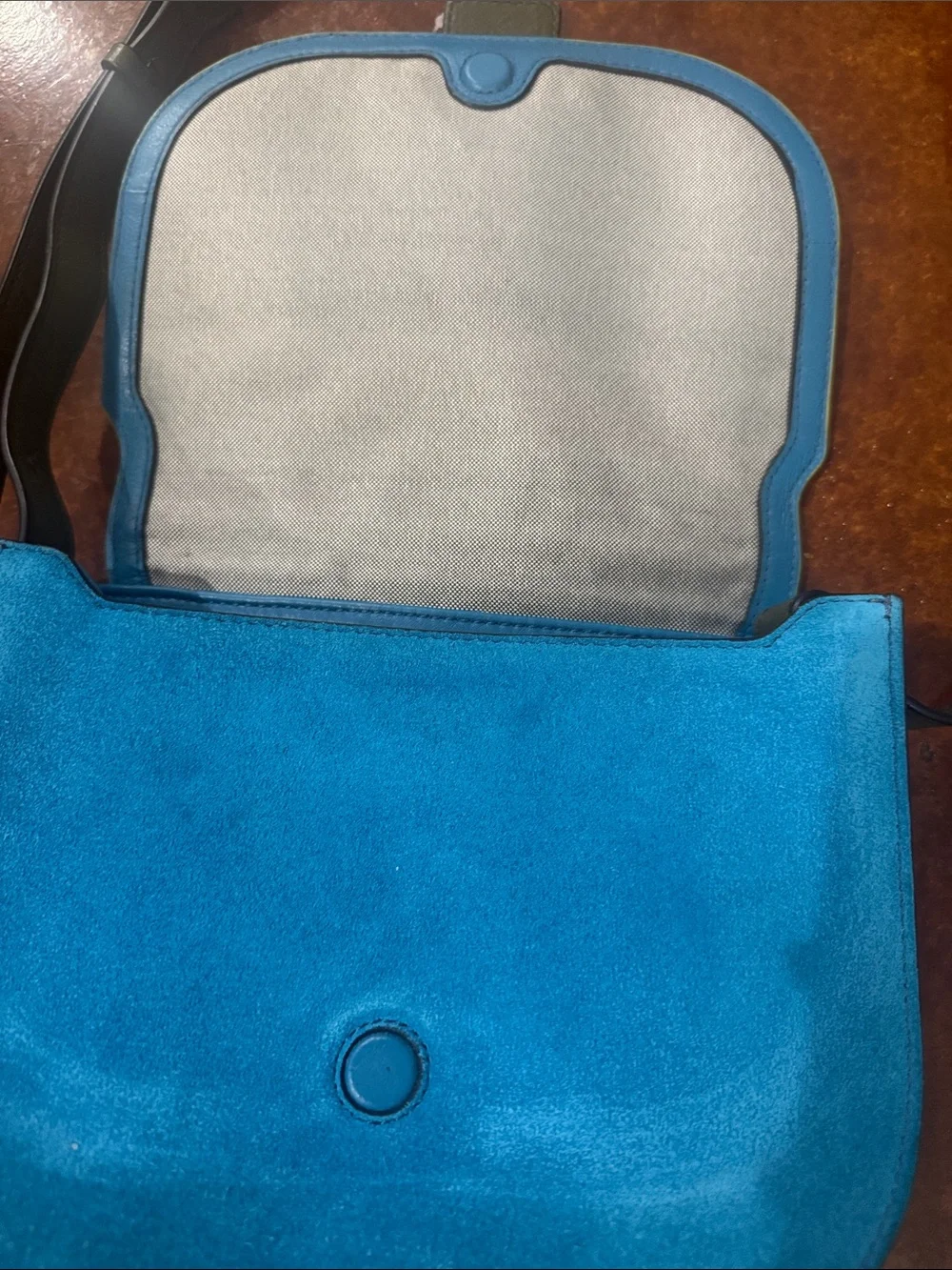 Blue and Gray Suede Crossbody Bag with Olive Strap